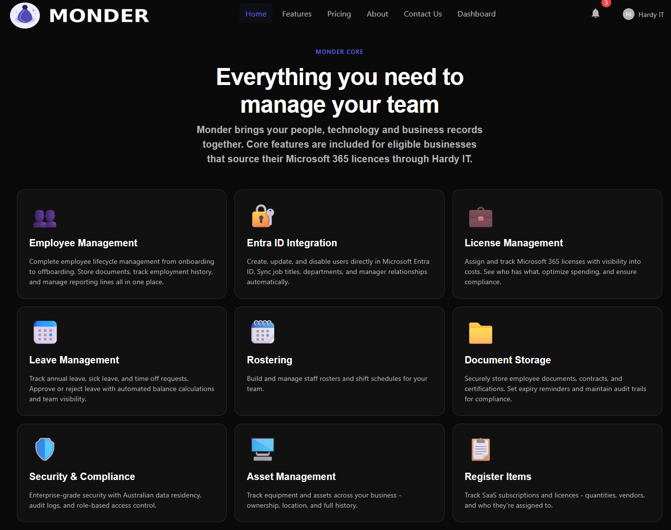 The Monder platform dashboard, showing feature cards for employee management, Microsoft Entra ID integration, licence management, leave, rostering, document storage, security and compliance, and asset management.